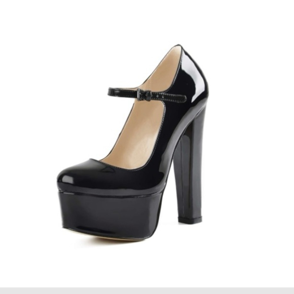 Yolkomo Chunky Block High Heels Platform Round Toe Mary Jane Buckle Pumps Black